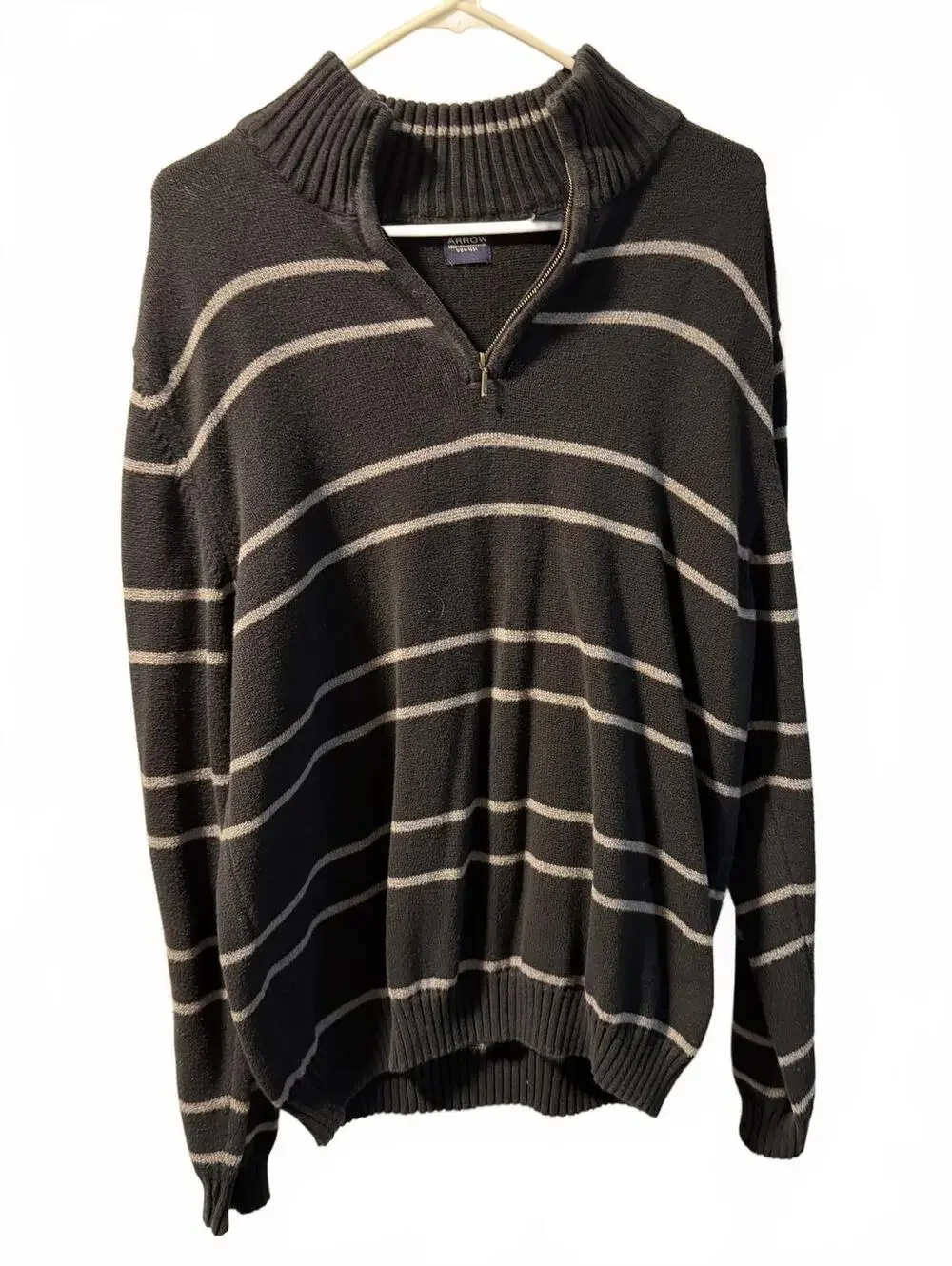 Arrow Men's 100% Cotton Striped Quarter Zip Sweater Size L